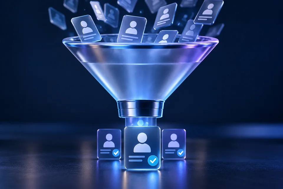 Audience profile cards passing through a funnel into qualified contacts.