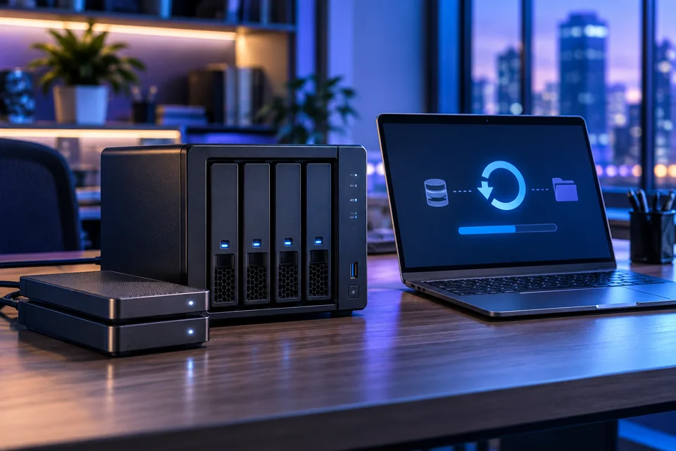 Network storage and external drives beside a laptop showing a backup interface.