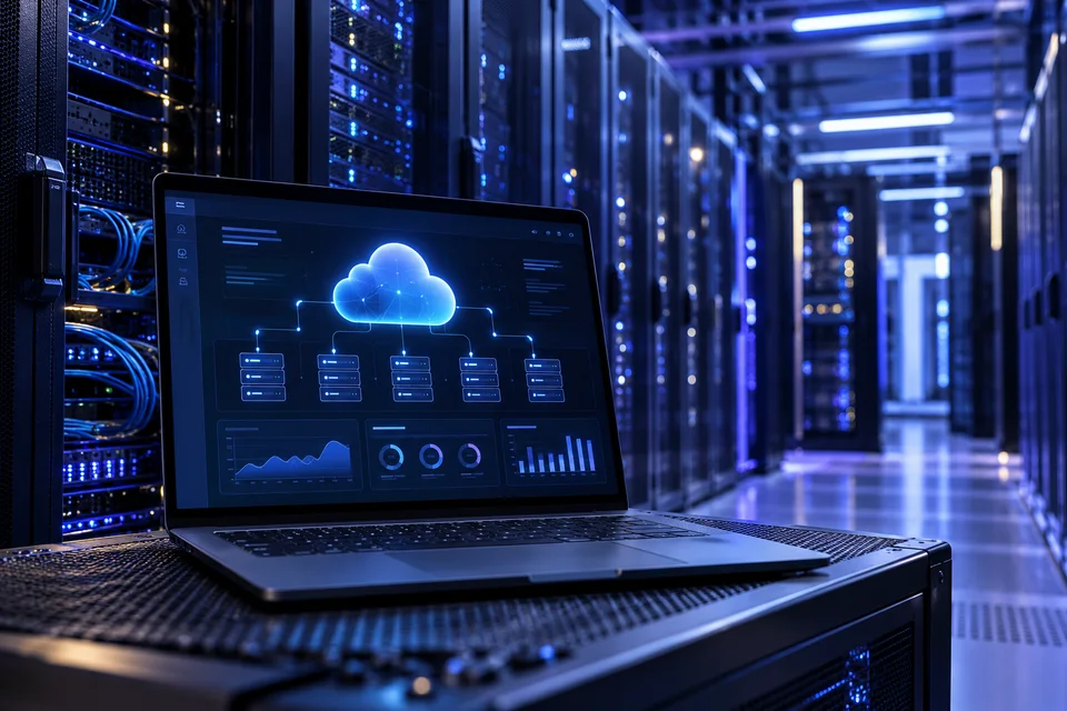 Laptop with a cloud infrastructure dashboard in front of enterprise server racks.
