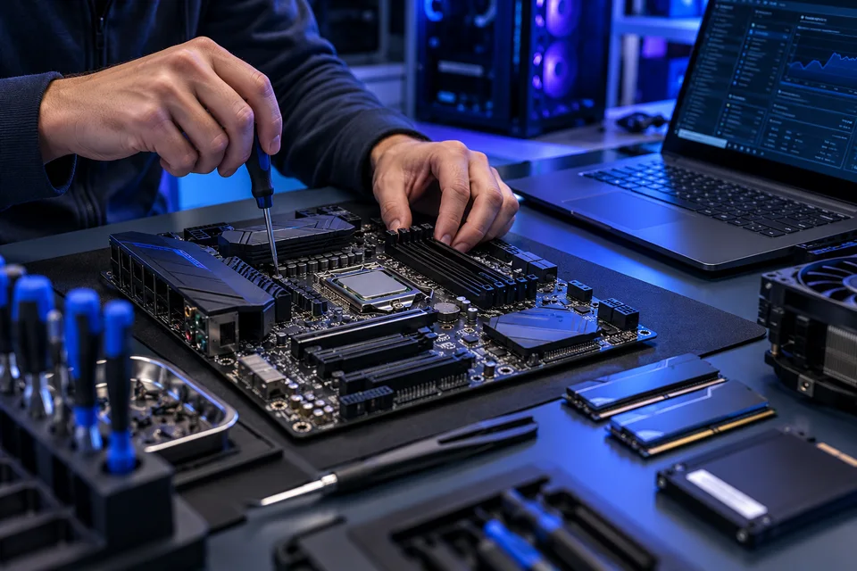 Technician inspecting computer hardware with diagnostic equipment and organized tools.