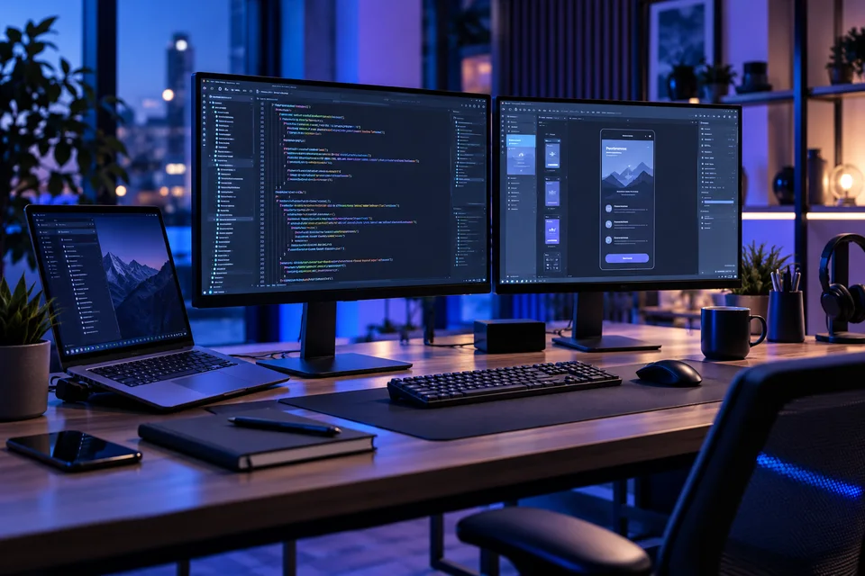 Development workstation with code and application interface previews on two monitors.
